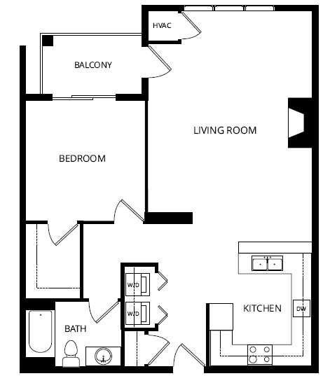 Floor plan for 1 bed, 1 bath, 958 sqft